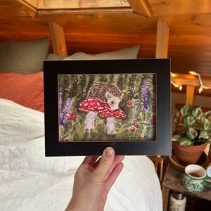 Watercolor Hedgehog and Mushroom Art Print in Black Frame